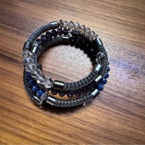 Memory Wire Beaded Wrap Bracelet Black Blue Silver
